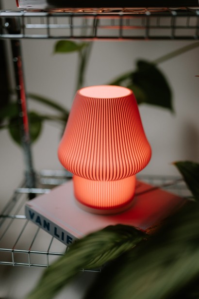 Lampa MONO pink na półce obok kwiatów