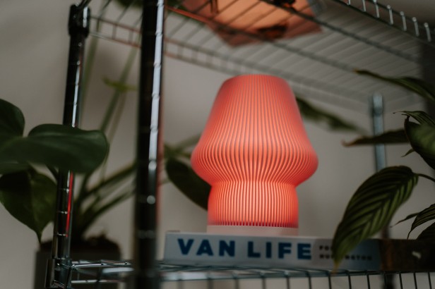 Różowa lampa 3D w aranżacji z roślinami
